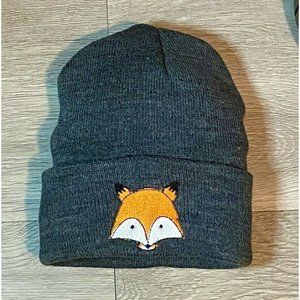 Fox Face Winter Beanie Stretchy Hat. Knitted Cap Red Fennec Kit Embroidered
